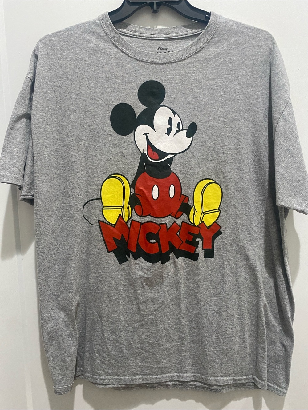 Disney Gray Mickey Mouse Graphic Tee with Red and Yellow Accents